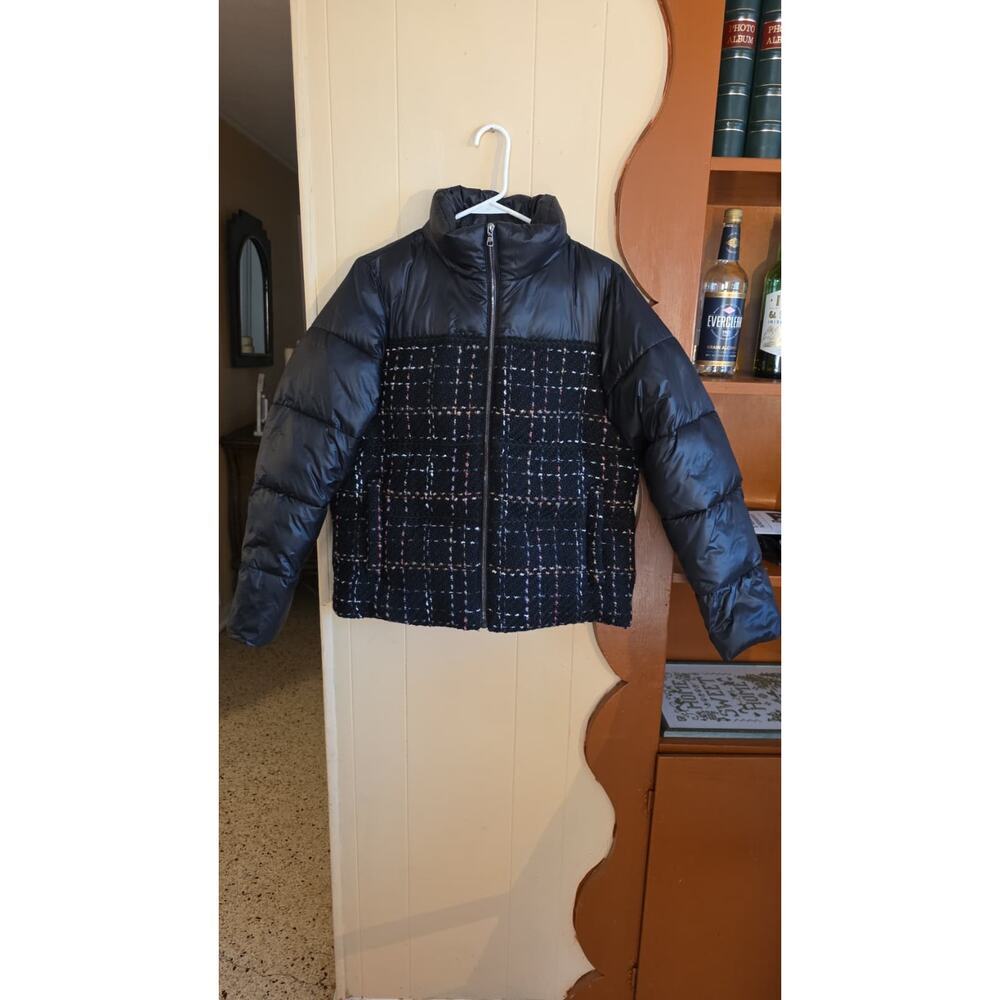Aqua Women's Black Tweed Quilted Puffer Jacket Size M Winter Casual